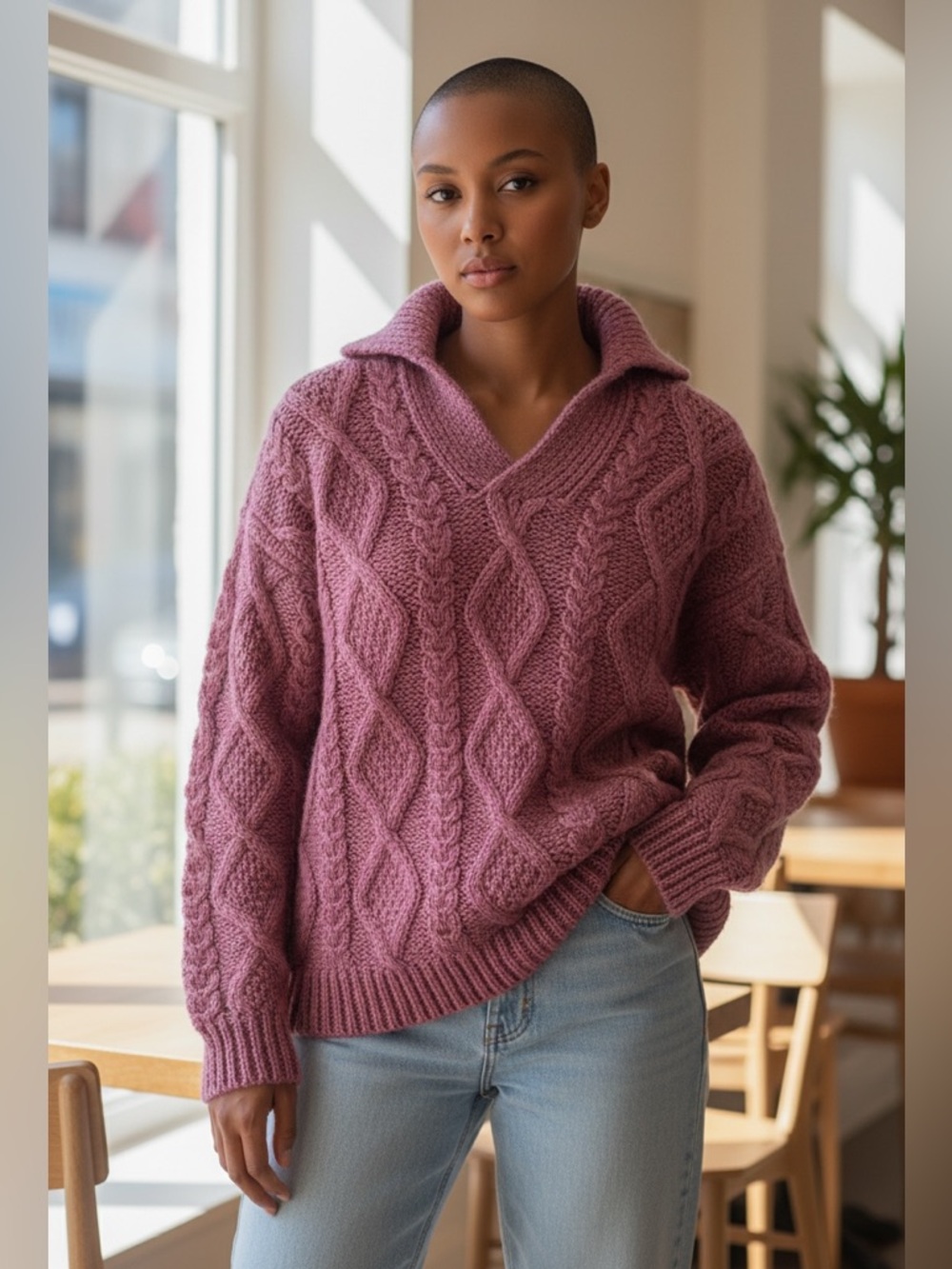 Vintage Irish Wool Wexford Mauve Cable Knit Pullover  V-Neck Sweater Large
